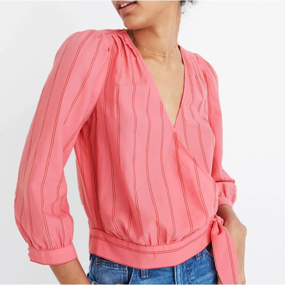 EUC Womens Madewell‎ Wrap Top in Cecilia Stripe pink cropped cotton size XS